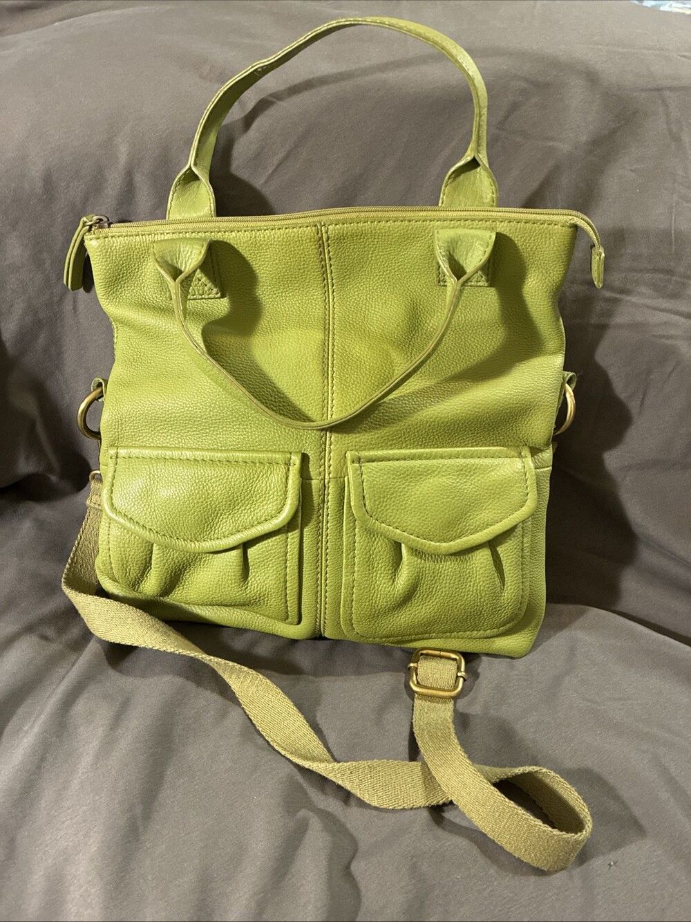 FOSSIL Large Avocado Green Pebble Leather Crossbody Double Handle Shoulder Bag